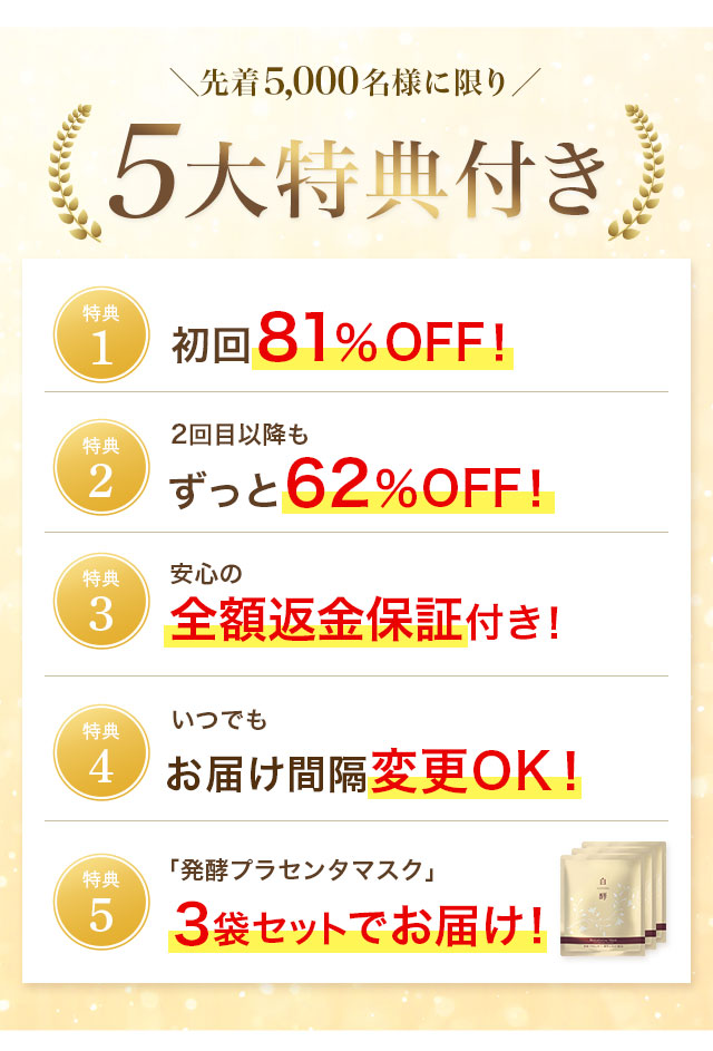 初回81パーセントオフ、送料無料、マスク特典、定期回数縛りなし、全額返金保証の5大特典